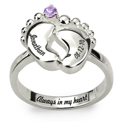 Engraved Baby Feet Ring with Birthstone Sterling Silver  - Name My Jewellery