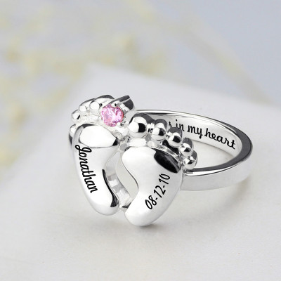 Engraved Baby Feet Ring with Birthstone Sterling Silver  - Name My Jewellery