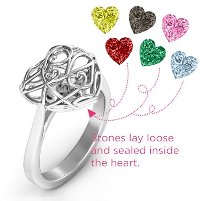 Encased in Love Caged Hearts Ring with Ski Tip Band - Name My Jewellery