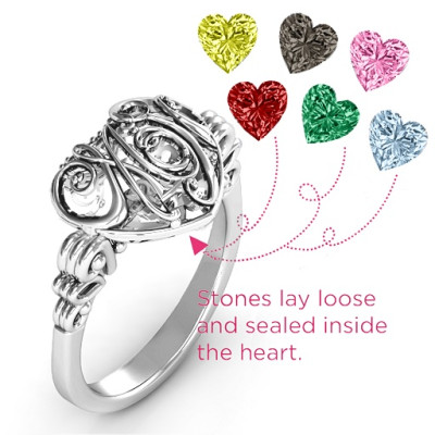 Cursive Mom Caged Hearts Ring with Butterfly Wings Band - Name My Jewellery