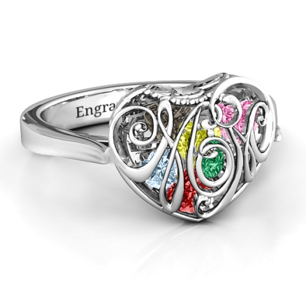 Cursive Mom Caged Hearts Ring with Ski Tip Band - Name My Jewellery