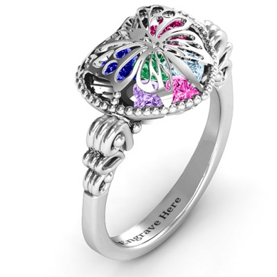 Butterfly Caged Hearts Ring with Butterfly Wings Band - Name My Jewellery