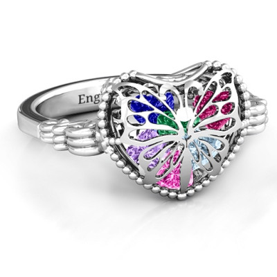 Butterfly Caged Hearts Ring with Butterfly Wings Band - Name My Jewellery