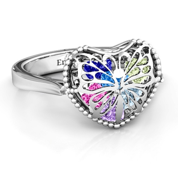Butterfly Caged Hearts Ring with Ski Tip Band - Name My Jewellery