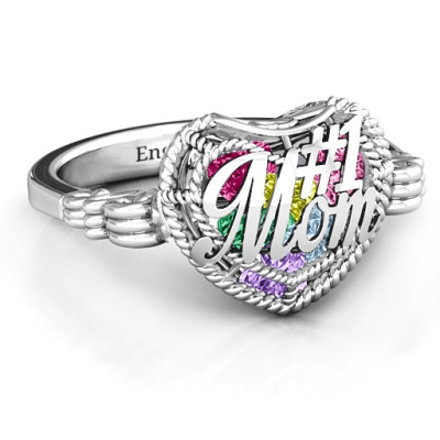#1 Mom Caged Hearts Ring with Butterfly Wings Band - Name My Jewellery