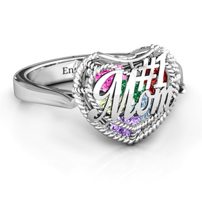 #1 Mom Caged Hearts Ring with Ski Tip Band - Name My Jewellery