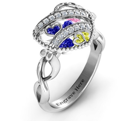 Sparkling Diamond Hearts Caged Hearts Ring with Infinity Band - Name My Jewellery