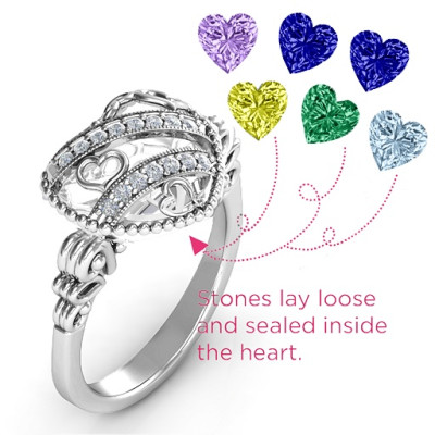 Sparkling Hearts Caged Hearts Ring with Butterfly Wings Band - Name My Jewellery
