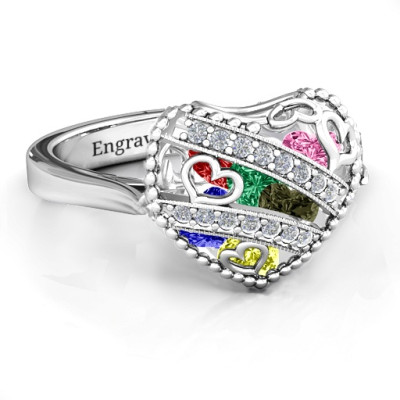 Sparkling Hearts Caged Hearts Ring with Ski Tip Band - Name My Jewellery