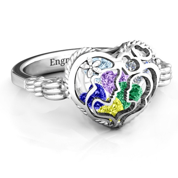 Mother and Child Caged Hearts Ring with Butterfly Wings Band - Name My Jewellery