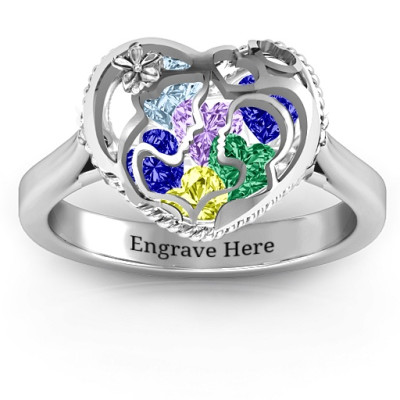 Mother and Child Caged Hearts Ring with Ski Tip Band - Name My Jewellery
