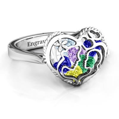 Mother and Child Caged Hearts Ring with Ski Tip Band - Name My Jewellery