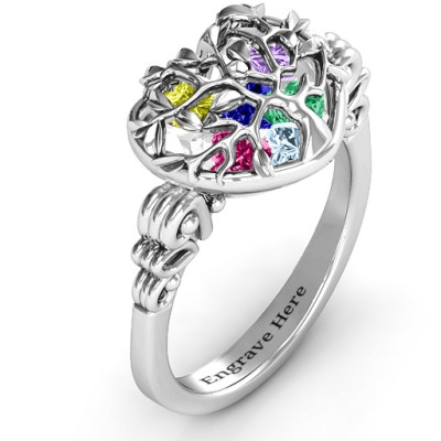 Family Tree Caged Hearts Ring with Butterfly Wings Band - Name My Jewellery