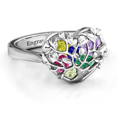 Family Tree Caged Hearts Ring with Ski Tip Band - Name My Jewellery