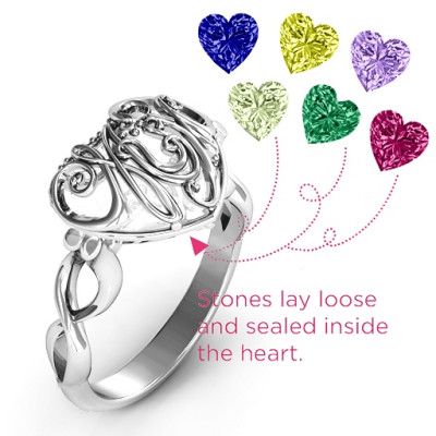 Cursive Mom Caged Hearts Ring with Infinity Band - Name My Jewellery