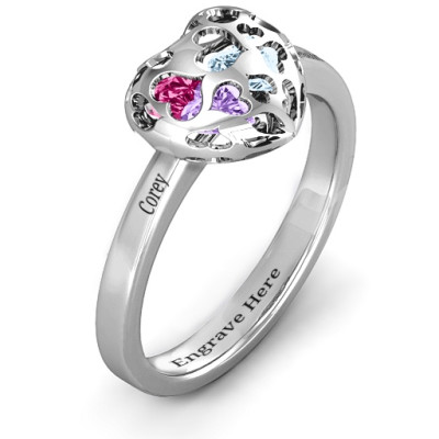 Heart Cut-out Petite Caged Hearts Ring with Classic with Engravings Band - Name My Jewellery