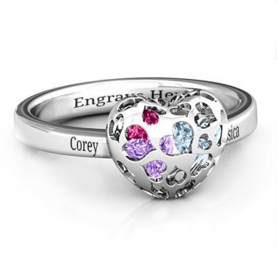 Heart Cut-out Petite Caged Hearts Ring with Classic with Engravings Band - Name My Jewellery