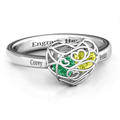 Encased in Love Petite Caged Hearts Ring with Classic with Engravings Band - Name My Jewellery