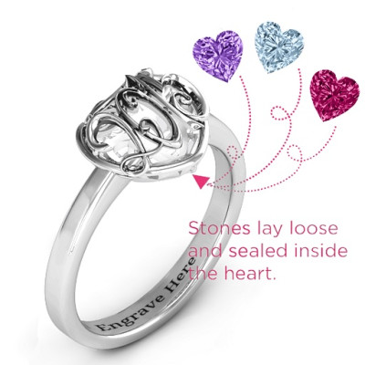 2015 Petite Caged Hearts Ring with Classic with Engravings Band - Name My Jewellery