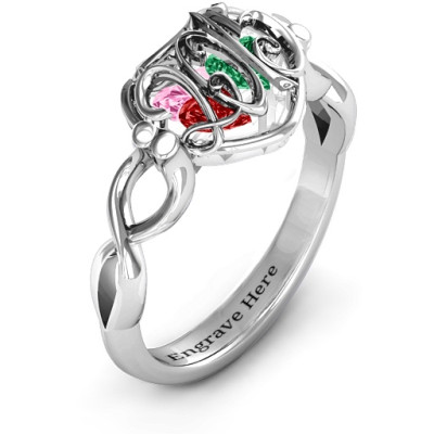 2015 Petite Caged Hearts Ring with Infinity Band - Name My Jewellery