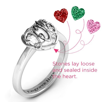 2016 Petite Caged Hearts Ring with Classic Band - Name My Jewellery
