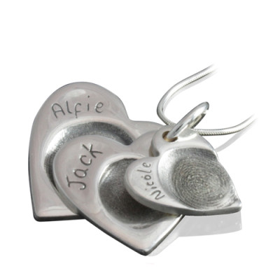 925 Sterling Silver FingerPrint Cascade Triple Heart Pendant - Name My Jewellery