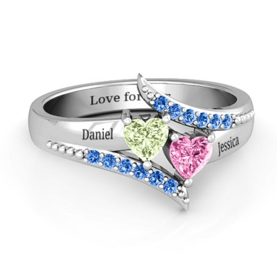 Diagonal Dream Ring With Heart Stones  - Name My Jewellery