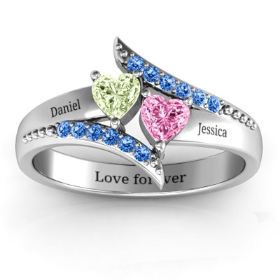 Diagonal Dream Ring With Heart Stones  - Name My Jewellery