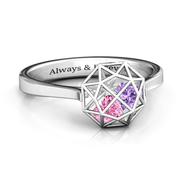 Diamond Cage Ring with Encased Heart Stones  - Name My Jewellery