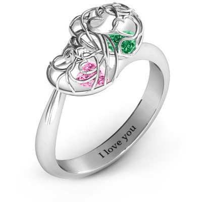 Double Heart Cage Ring with 1-6 Heart Shaped Birthstones  - Name My Jewellery