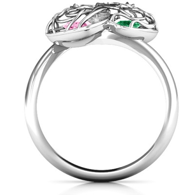 Double Heart Cage Ring with 1-6 Heart Shaped Birthstones  - Name My Jewellery