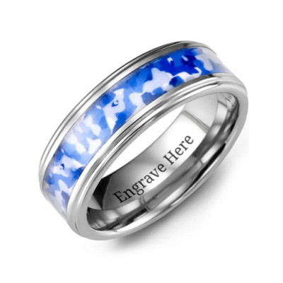 Grooved Tungsten Ring with Royal Blue Camouflage Insert - Name My Jewellery