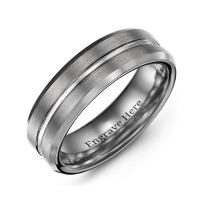 Men's Brushed Grooved Centre Beveled Tungsten Ring - Name My Jewellery