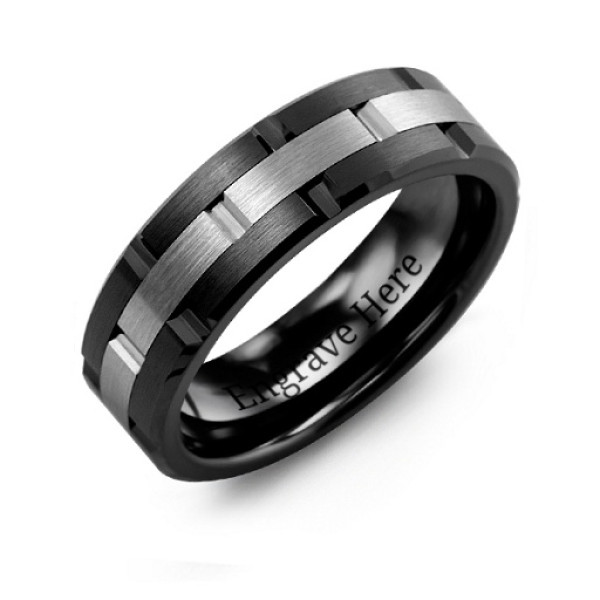 Men's Ceramic & Tungsten Grooved Brushed Ring - Name My Jewellery