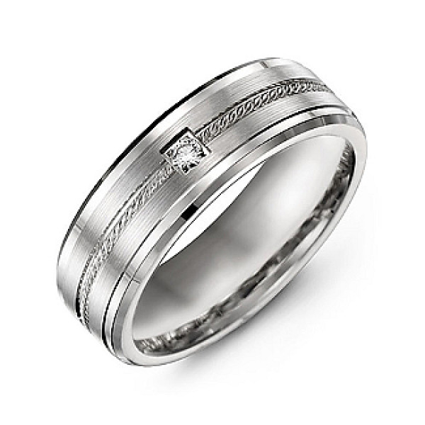 Rope Design Men's Ring with Stone and Beveled Edges  - Name My Jewellery