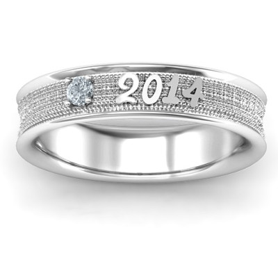 Sterling Silver 2014 Unisex Textured Graduation Ring with Emerald Stone  - Name My Jewellery