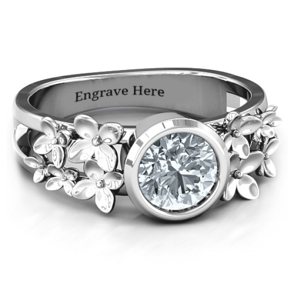 Sterling Silver Beautiful Blossoms with Split Shank Ring and Genuine Diamond Stone  - Name My Jewellery