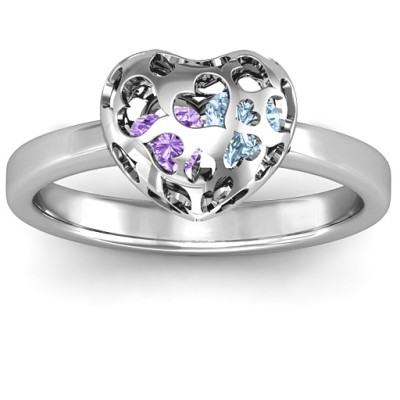 Sterling Silver Petite Caged Hearts Ring with 1-3 Stones  - Name My Jewellery