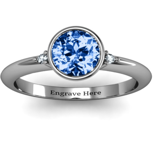Sterling Silver Round Bezel Solitaire with Twin Accents Ring - Name My Jewellery
