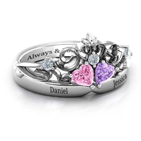 Sterling Silver Royal Romance Double Heart Tiara Ring with Engravings - Name My Jewellery