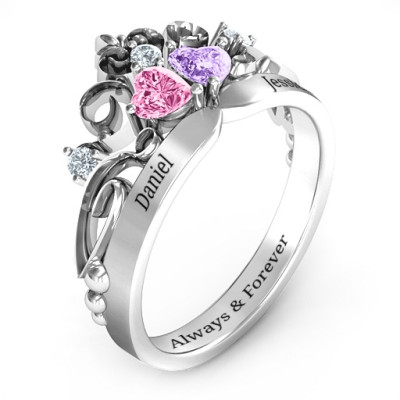 Sterling Silver Royal Romance Double Heart Tiara Ring with Engravings - Name My Jewellery