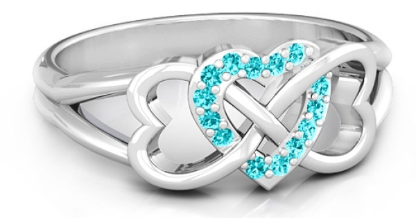 Sterling Silver Triple Heart Infinity Ring with Mint Swarovski