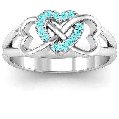 Sterling Silver Triple Heart Infinity Ring with Mint Swarovski Zirconia Stones  - Name My Jewellery