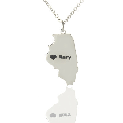 Personalised Illinois State Shaped Necklaces With Heart  Name Silver - Name My Jewellery
