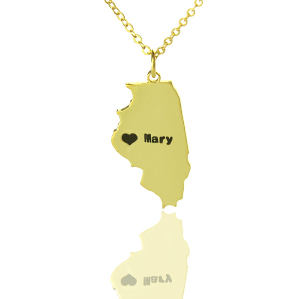 Custom Illinois State Shaped Necklaces With Heart  Name Gold Plated - Name My Jewellery