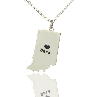 Custom Indiana State Shaped Necklaces With Heart  Name Silver - Name My Jewellery