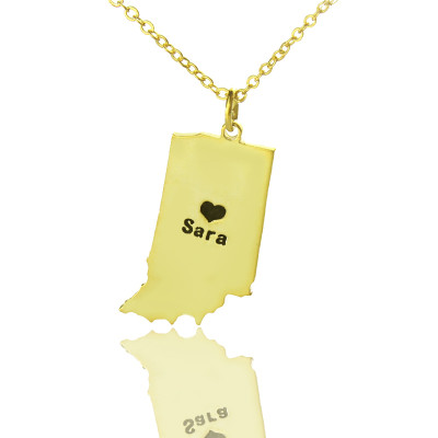 Custom Indiana State Shaped Necklaces With Heart  Name Gold Plated - Name My Jewellery