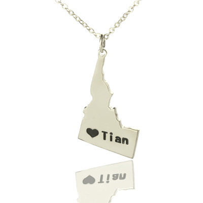 The Idaho State USA Map Necklace With Heart  Name Silver - Name My Jewellery