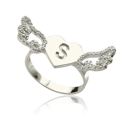 Heart Angel Wings Ring Engraved Initial  Birthstone Sterling Silver  - Name My Jewellery