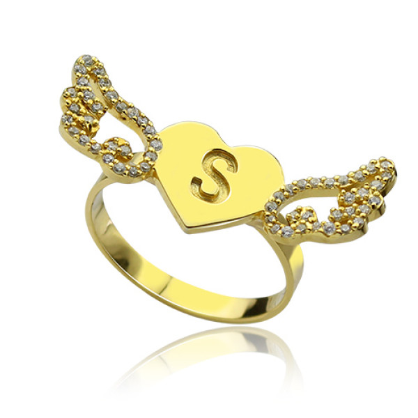 Angel Wings Heart Ring with Birthstone  Initial 18ct Gold Plated  - Name My Jewellery